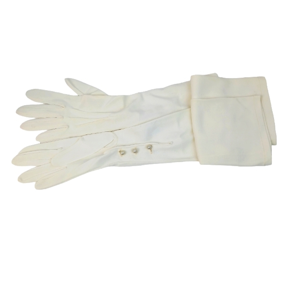 Kayser Vtg long Opera evening gloves white faux pearl buttons silk nylon blend?